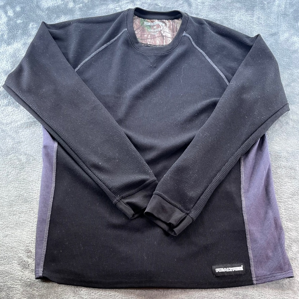 Realtree Mens XL Black Waffle Knit Thermal Long Sleeve Shirt Crew Neck Raglan